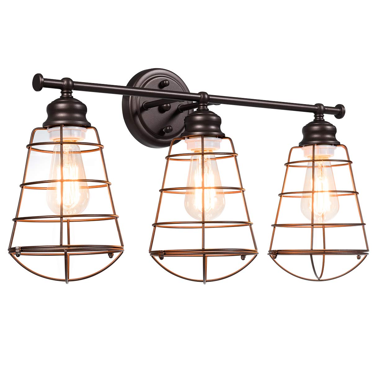 Tangkula 3-Light Vintage Vanity Lights, Industrial Metal Wire Cage Wall Sconces(Black & Golden)